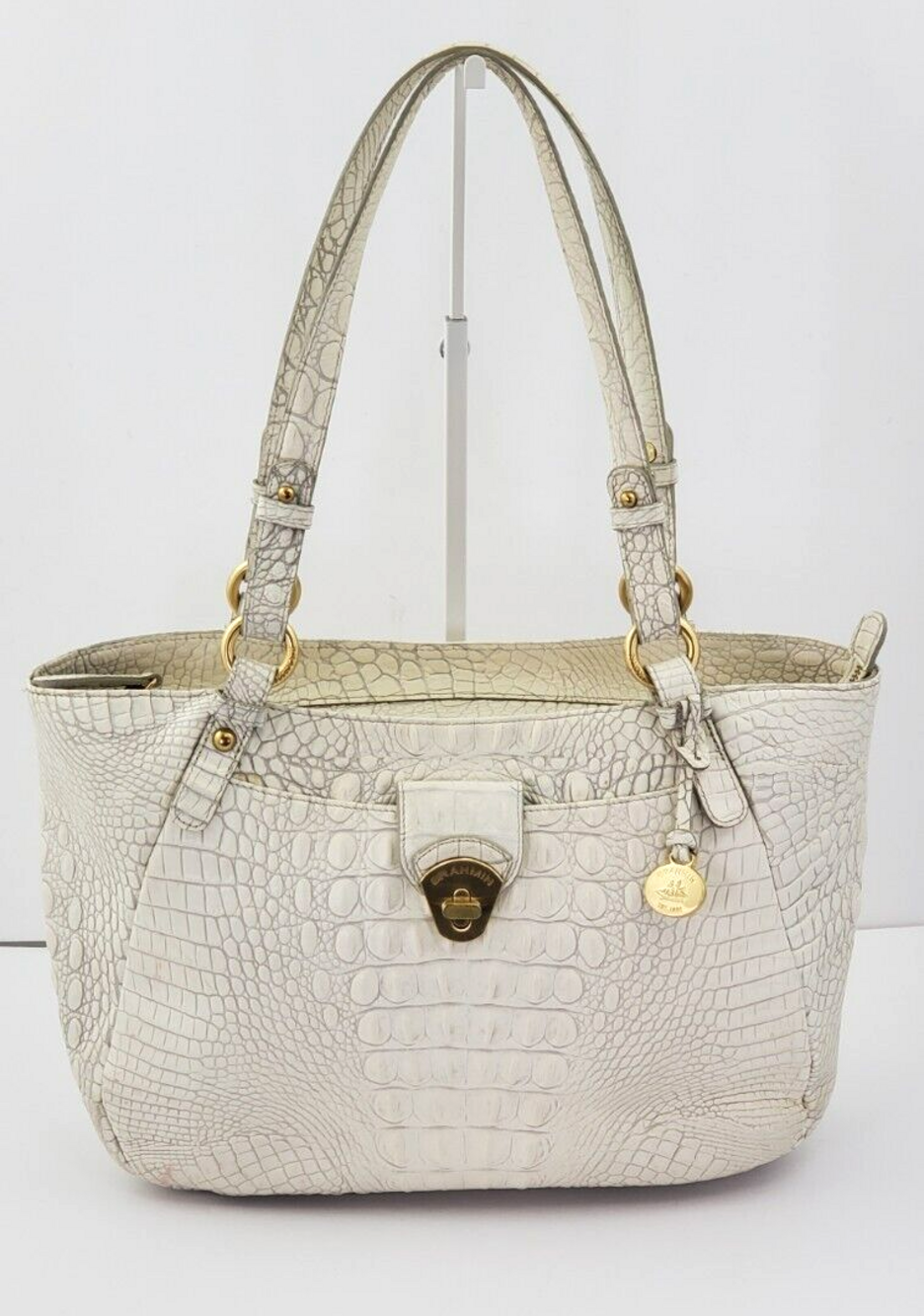 BRAHMIN COLLETTE USED/SPOTS WHITE MELBOURNE CROC EMB. LEATHER SHOULDER BAG/TOTE